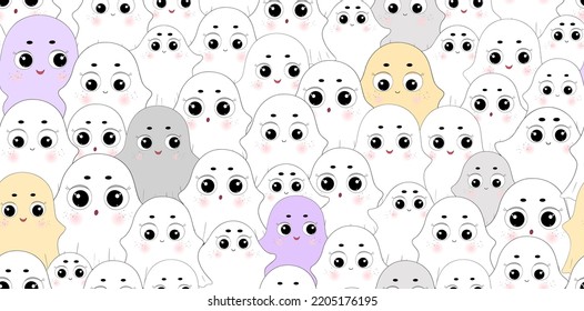 Halloween ghosts pattern. Funny ghost print. Halloween characters. Cartoon ghosts, spooky phantoms texture. Halloween flying spirit, boo. Phantom kawaii style background. Repeat seamless backdrop.