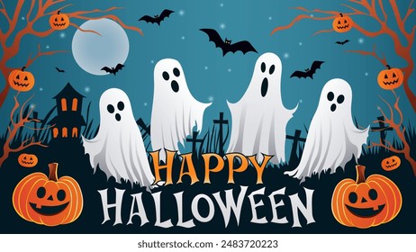 Fantasmas de Halloween, calabazas, murciélagos en el cementerio, tumbas y una casa de miedo con una luna y estrellas espeluznantes. Volante de Festiva, póster o Anuncio con el texto "Feliz Halloween" en estilo de dibujos animados.