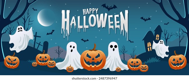 Halloween ghosts, pumpkins, bats in the cemetery, graves and a scary house with a creepy moon and stars. Happy Halloween holiday flyer, poster or banner.