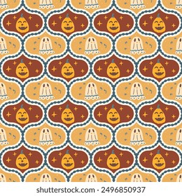 Halloween ghosts and pumpkins damask seamless pattern. All Hallows' Eve retro endless design. Vector hand drawn flat illustration.