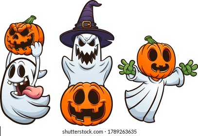 Halloween ghosts and pumpkins with evil smiles. Vector clip art illustration with simple gradients. Each on a separate layer. 
