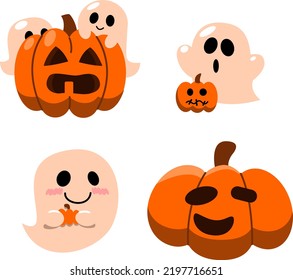 Halloween ghosts and pumpkins with evil smiles. Vector clip art illustration with simple gradients. Each on a separate layer.