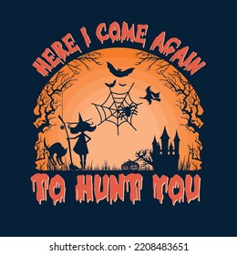 Halloween ghosts and pumpkins with evil smiles. Vector clip art illustration with simple gradients. Holiday promo banner with spooky flying ghosts, black spiders and bats, and scary pumpkins on orange