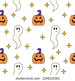 Halloween ghosts and pumpkins seamless pattern. Creepy and spooky background. Retro doodle halloween background. 