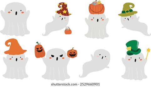 Fantasmas de Halloween y calabazas. Personajes abucheados, siluetas espeluznantes en sábanas, caras espeluznantes. Espeluznantes espantos, sombras de horror. Espíritus de vacaciones de octubre. Ilustraciones vectoriales gráficas planas aisladas