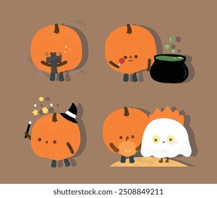 Halloween ghosts and pumpkins set vector illustration