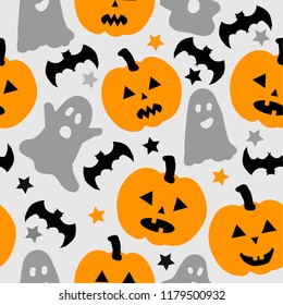 Halloween. Ghosts, pumpkins, stars, bats on a light background. Simple seamless pattern.