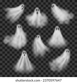 Halloween ghosts, realistic monsters silhouettes. Vector 3d transparent white spooky faces. Horror shadows foggy figures