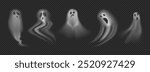 Halloween ghosts with sad and creepy faces. Vector isolated set of apparitions with blurry bodies. Flying haunted monsters, spooky ghouls or spirits effect. Decor for invitation card or party