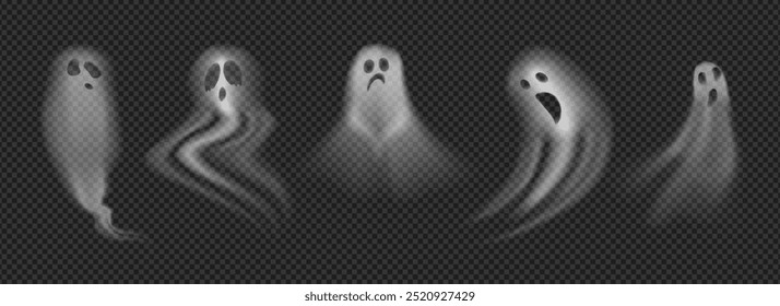 Halloween ghosts with sad and creepy faces. Vector isolated set of apparitions with blurry bodies. Flying haunted monsters, spooky ghouls or spirits effect. Decor for invitation card or party