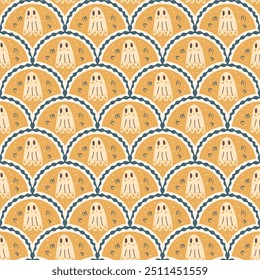 Halloween ghosts scallop seamless pattern. Festive ghoul with decorated sheet arch repeat background. All Hallows' Eve retro endless design. Vector hand drawn flat illustration.