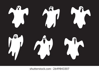 Fantasmas de Halloween, Fantasmas Voadores Assustadores. Conjunto vetorial de silhuetas de ghouls ou espíritos brancos com faces assustadoras. Fantasmas voadores ou sombras de pesadelo, figuras nebulosas, típicas de feriados de terror.