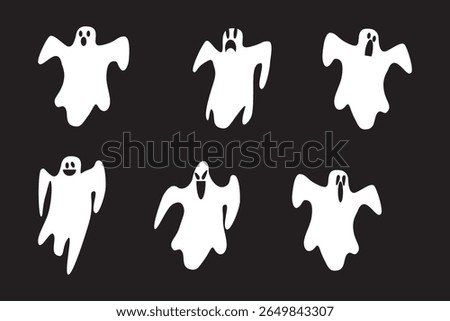 Halloween Ghosts, Scary Flying Ghosts. Vector set of silhouettes of ghouls or white spirits with spooky faces. Flying ghosts or nightmarish shadows, foggy figures, typical for horror holidays.