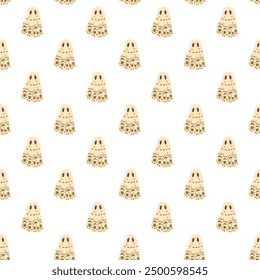 Halloween ghosts seamless pattern. All Hallows' Eve continuous background. Festive ghoul with decorated sheet repeat surface cover. Vector hand drawn illustration.