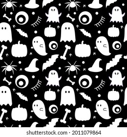 Halloween ghosts seamless pattern in black and white color tone with eye balls, bats, pumpkins, spiders, bones and witch hats in solid white