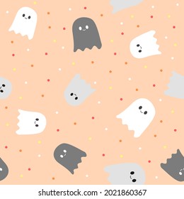 Halloween ghosts seamless pattern in black, gray and white color tone Repeat wallpaper on pastel orange background