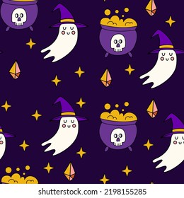 Halloween ghosts seamless pattern. Creepy and spooky background. Retro doodle halloween background. 