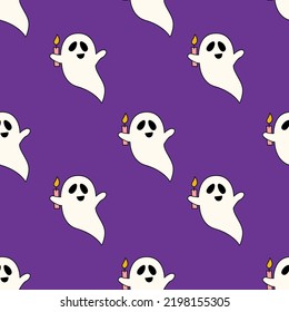 Halloween Geister nahtloses Muster. Cremefarbener und unscharfer Hintergrund. Retro-Doodle auf halbem Hintergrund. 