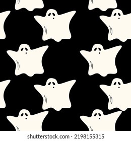Halloween ghosts seamless pattern. Creepy and spooky background. Retro doodle halloween background