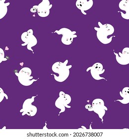 Halloween ghosts seamless pattern. cute kawaii spirit. purple background. stock vector flat cartoon illustration.
