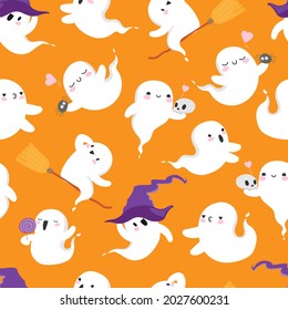 Halloween ghosts seamless pattern on orange. cute kawaii spirit background. stock vector flat cartoon illustration.
