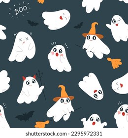 Halloween ghosts seamless pattern. Scary creepy ghostly print, cartoon spooky ghosts and bat party graphic. Magic classy vector fabric print