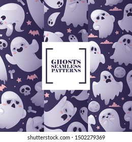 Halloween ghosts seamless pattern, vector illustration. Flying spirits with various emotions, funny cartoon characters. Screaming and angry, smiling and happy ghosts on halloween night celebration