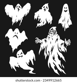 Halloween ghosts set emblems monochrome with flying monsters scaring people to decorate facade house on eve october 31 vector illustration