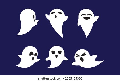 Halloween ghosts Set. Spooky White Ghost Fly cute evil horror silhouette for scary October holiday design, flat vector isolated icon set