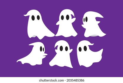 Halloween ghosts Set. Spooky White Ghost Fly cute evil horror silhouette for scary October holiday design, flat vector isolated icon set