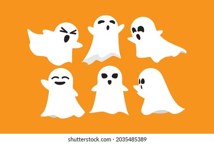 Halloween ghosts Set. Spooky White Ghost Fly cute evil horror silhouette for scary October holiday design, flat vector isolated icon set