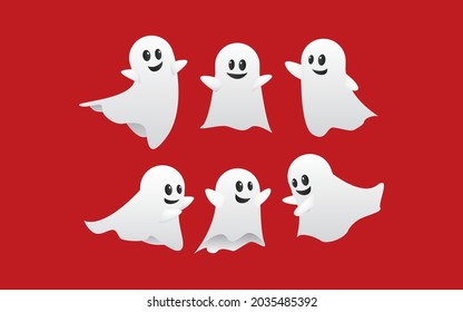 Juego de fantasmas de Halloween. Espeluznante White Ghost Fly linda silueta de horror malvada para el temible diseño de las vacaciones de octubre, conjunto de iconos aislados del vector plano