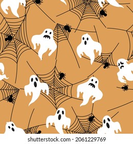 Halloween ghosts, spiders and spiderweb vector seamless repeat pattern background. Trendy for fabric, textile design, background, packaging, invitation cards, wallpaper or giftwrapping. Surface patter
