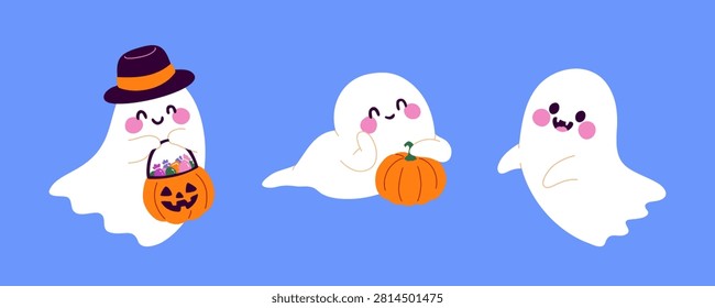 Halloween ghosts spooky cute phantom spirits. Cute characters holding pumpkin bucket with candy and orange gourd. Funny white flying fiends waving hand fangs wearing hat