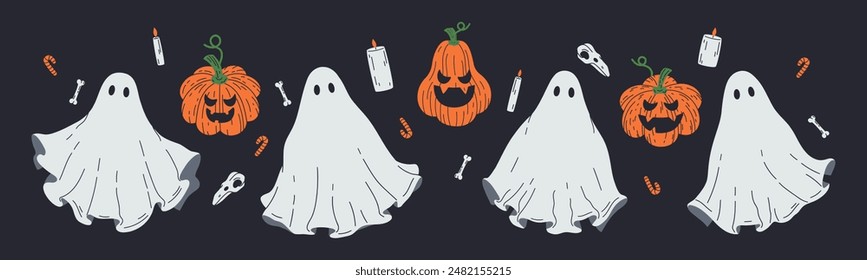 Halloween ghosts. Spooky night phantoms with scary pumpkins jack-o-lanterns and candles, cute spooky spirits, trick or treat symbols flat vector illustrations set. Hand drawn Halloween spooky elements