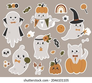 Halloween ghosts stickers Collection. Vector illustration for design of planners, notebooks and more