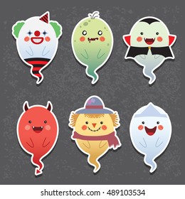 Halloween. Halloween ghosts vector icon set. Set of collection of cute ghost with different halloween costume: clown, zombie, vampire, devil, scarecrow & japanese ghost.