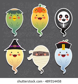 Halloween. Halloween ghosts vector icon set. Set of collection of cute ghost with different halloween costume: kappa (river imp), jack o lantern, skeleton, witch, mummy and chinese zombie.