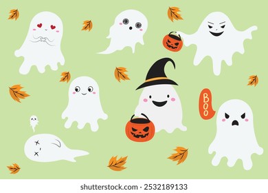 halloween ghosts vector with pumpkin 