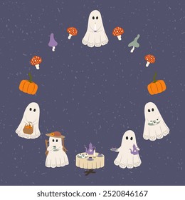 Vector de fantasmas de Halloween marco redondo. Fantasmas lindos, calabazas de otoño y hongos de heces de sapo sobre fondo púrpura oscuro. Caprichosa ilustración estacional de la corona del truco-o-trato con personajes espeluznantes