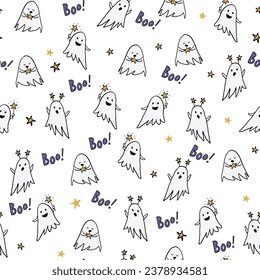 Halloween ghosts vector seamless pattern.