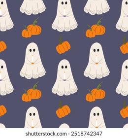 Halloween ghosts vector seamless pattern. Cute vintage ghosts with candles, autumn pumpkins on dark purple background. Whimsical friendly spooky characters for seasonal trick or treat designs