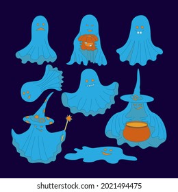 Halloween ghosts vector set. Isolated Halloween elements of decor on darck background.