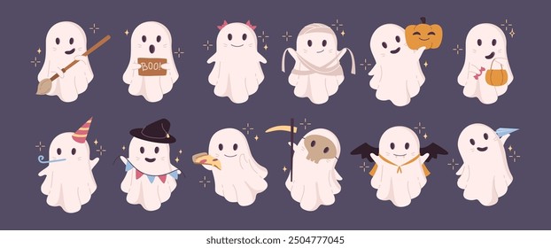 Halloween ghosts wearing costumes. Vector isolated set of cute poltergeists and apparitions. Witch and death, mummy and vampire. Treat and trick flying spirit character with smiling face