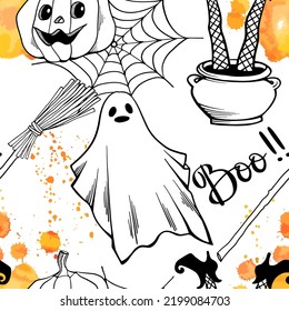 Halloween Ghosts, Witch and spider web seamless pattern. Halloween pumpkin. Hand drawn sketch style. Art line. Ink drawing. Halloween vector background.