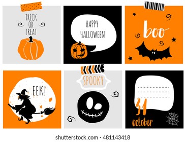 Halloween gift cards set. Autumn, bats,  spider, pumpkins, witch. Template for  Greeting, Congratulations, Invitations, stickers, planner, diary, Notes, Invitations. Vector illustration.
