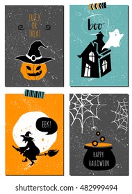 Halloween gift cards set. Autumn, pot, spider, pumpkins, witch. Template for Greeting, Congratulations, Invitations, stickers, planner, diary, Notes, Invitations. Vector illustration.