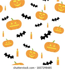 Halloween gift patterns, spooky smiling pumpkins, sewn mouth pumpkins, flying bats, and brightly lit candles on halloween night.
