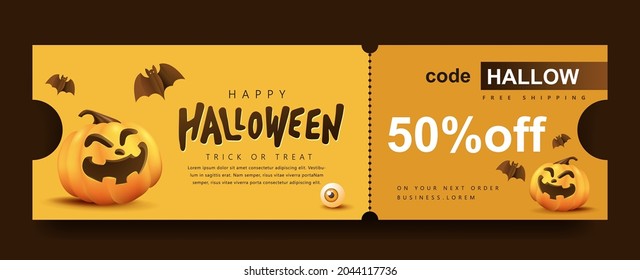 Halloween Gift Promotion Coupon Banner Or Party Invitation Background With Pumpkin Funny Faces 