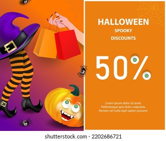 Halloween Gift promotion Coupon banner or party invitation with orange pumpkin funny smiling face, striped legs, purple hat and witch's hand holding shopping gift bags on background with spiders.